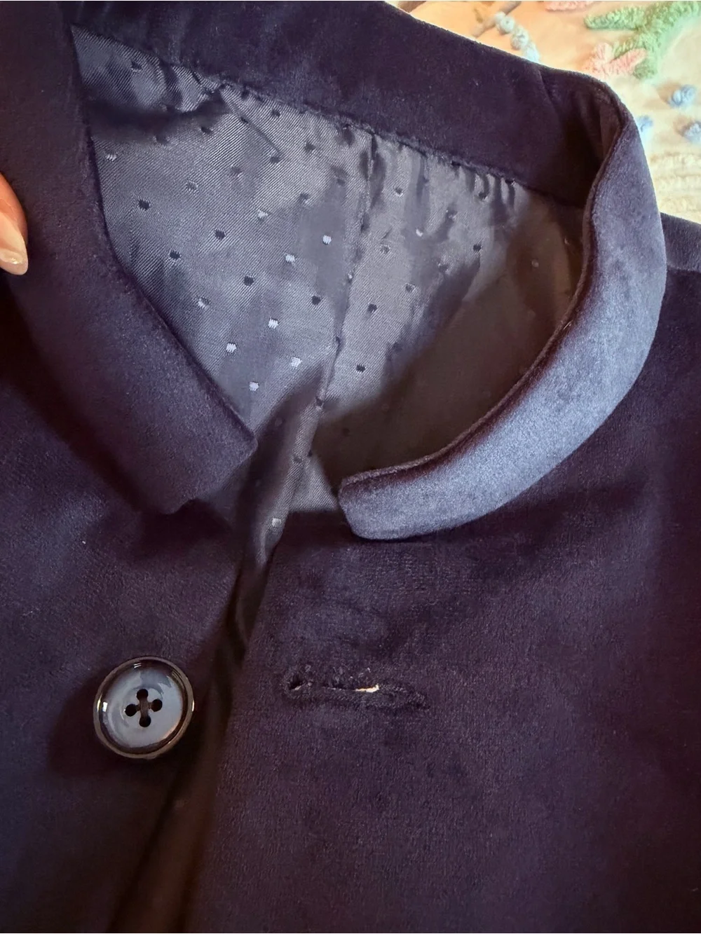 Navy Velvet Mandarin-Collar Blazer with Pocket Square